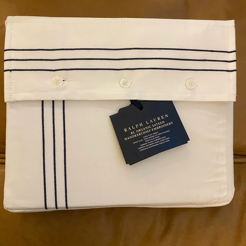 Ralph Lauren QUEEN Flat Sheet Organic Cotton Sateen‎ Handkerchief Embroidery